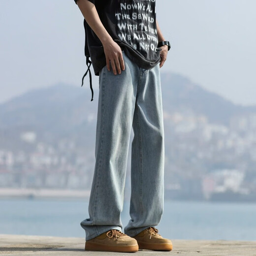 POUM 牛仔裤男秋季宽松直筒水洗裤子男港风阔腿运动工装长裤 718-K823深蓝 3XL (建议175-190斤)