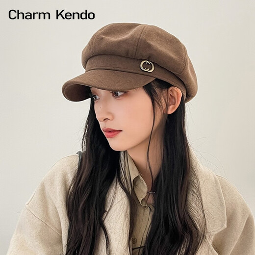 Charm Kendo beret autumn and winter versatile octagonal hat windproof big head circumference newsboy hat cold-proof warm casual men and women same style coffee color