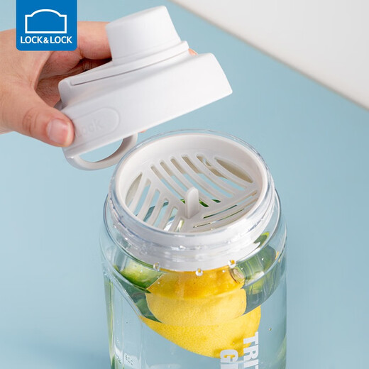 Lock and Lock Plastic Cup Ton Bucket with Tea Water Barrier Large Capacity Fitness Outdoor Sports Water Bottle with Scale Portable Gray White - 1.5L