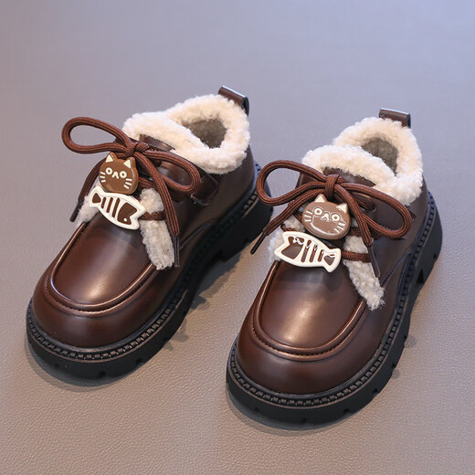 Girls cotton shoes winter new little girl plus velvet leather shoes for big children baby two cotton princess loafers children's shoes X557 brown 34 / inner length about 20.8 cm