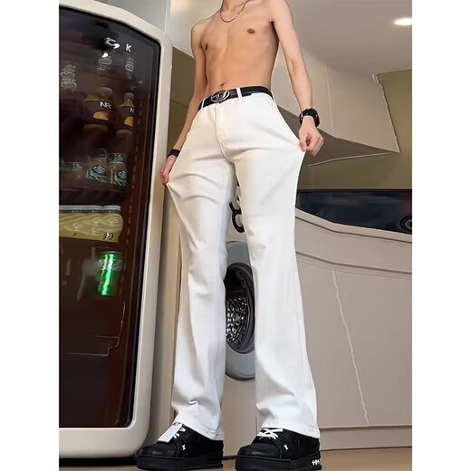 迪伽达 白色牛仔裤男士宽松春季新款美式高街高腰窄版微喇显瘦裤子男 HCFS-2076白色 M