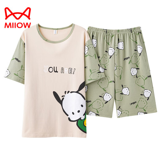 猫人（MiiOW）纯·棉男士睡衣青少年宽松大码家居服套装夏季短袖卡通夏天男款 短袖短裤-Q1396浅绿小白 2XL 标准版【145-160斤】