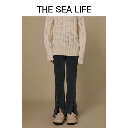 THE SEA LIFE打包下架 棉系牛仔裤女冬开衩设计高腰休闲裤E3519 黑法师 S