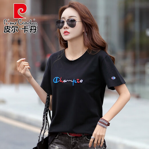 Camiseta de algodón de algodón de algodón de Pierre Camiseta bordada de manga corta Femenina de mujer Gran tamaño de moda 2025 Summer NUEVO VERSATIL 9922 AZUL S 90-110JIN [Jin iguala 0.5 kg]