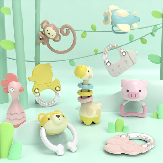 Aseblarm teether hand rattle 0-3-6 months 1 year old baby grasps early education enlightenment soothes newborn baby toy G animal rattle 9 kit (pink)