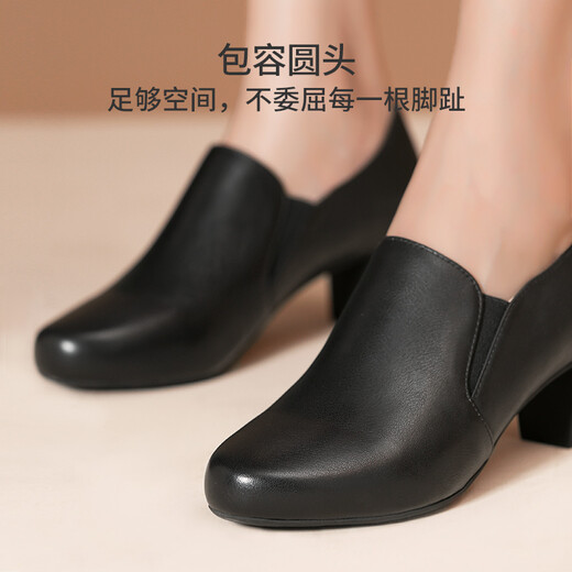 路施南粗跟单鞋女中跟真皮系带皮鞋女春秋季新款工鞋厚底深口黑色工作鞋 黑色高跟5cm(268-761) 39