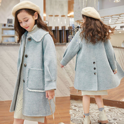 Disney Girls Wolljacke Herbst und Winter neuer koreanischer Stil verdickter Baumwollwölfungsmantel mit mittlerer Länge modischer Frühling und Herbst hellblau [Baumwollfutter] 160