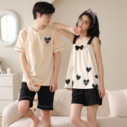 Lemianxin couple pajamas for women in summer pure cotton women home clothes suspenders casual cotton men summer pajamas suit DD9902 M women + men XL