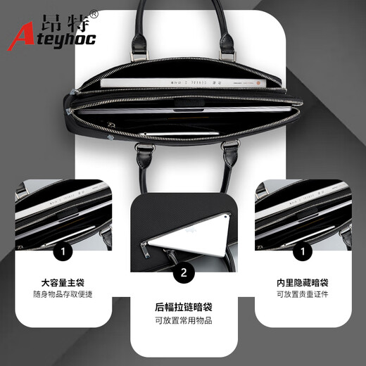 AteyHoc Business Handtasche Schwarzer Männer professioneller Pendler Büro Informationen Storage Computer Bag Custom Meeting Bag Tippen Support Logo Druck 869 Schwarz (Größe: 380*290*70 mm)