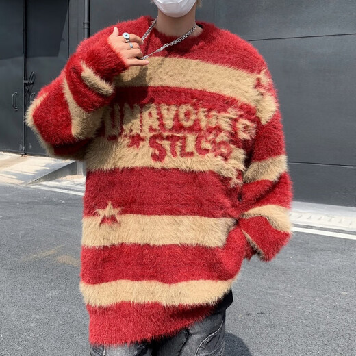 迪伽达 毛衣男士春季新款美式古着条纹慵懒打底衫外穿宽松针织衫男 GCFS-MY9214红色 XL