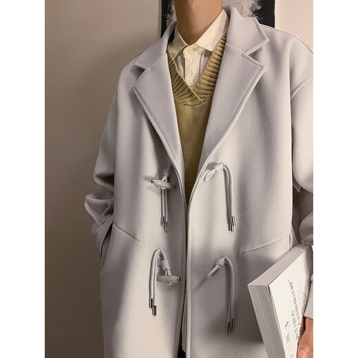 Huatian Mu Horn Button Short Woolen Coat Men's Winter Cotton Thickened Warm Suit Collar Woolen Jacket Black L Recommendation -110-125Jin Jin equals 0.5kg Can be worn