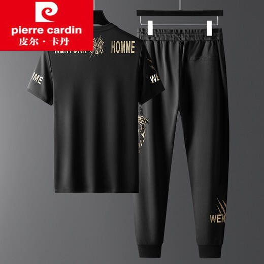 Pier Cardin ironing set T-shirt men's sportswear casual sports brand ice silk short sleeves handsome fashionable combination 5012 black set 2XL