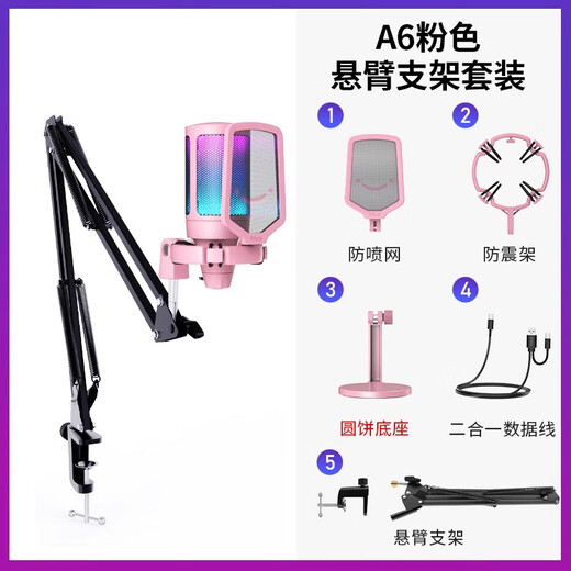 FIFINE computer desktop USB microphone wired e-sports RGB lighting effect condenser microphone live broadcast full set of professional equipment game live recording karaoke conference noise reduction radio microphone A6 A6 pink + 35 cantilever bracket (with round base)