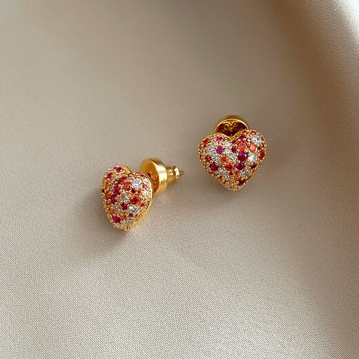 DL 1998 Fat Donglai same style gemstone earrings colorful treasure temperament purple red colorful love zircon for women small exquisite fashion small exquisite full diamond love earrings / 925 silver needle pair