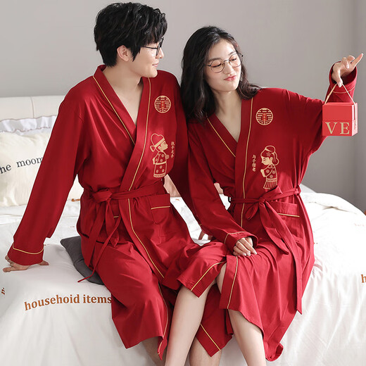 Langsha (Langsha) Rote Hochzeit Paar Nachthemd ein Mann und eine Frau reines Baumwollfestes Hochzeits Pyjama Bademantel Hauskleidung High-End-Geschenkbox 9928 [Geschenkbox] weiblich L+ männlich L.
