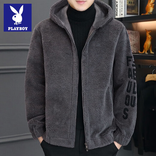 Playboy Double-sided Velvet Jacket Men's Autumn and Winter New Thick Velvet Warm High-end Loose Casual Jacket Men's Jacket Upgraded Velvet Lining Stand Collar Gray 2XL Recommended 130-145 Jin Jin equals 0.5 kg