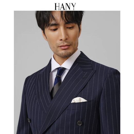 Hany (HANY) Italian Gobolo wool suit men's business banquet wedding double-breasted casual high-end suit Atum blue and white stripes Naples fit version 46 trousers please contact customer service to select the size