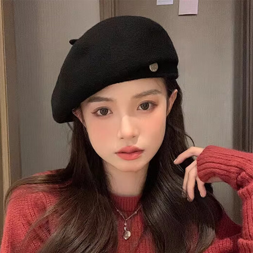 妙奕嘉羊毛贝雷帽女帽子秋冬女士报童帽2024新款春秋时尚洋气画家帽百搭 毛呢小尾巴金属扣贝雷帽【黑色】