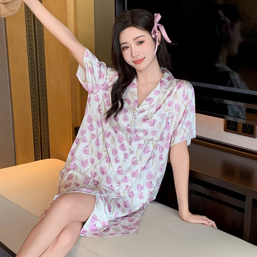 
Modal cool ice silk nightgown home clothes cardigan small lapel shirt skirt mid-length pajama skirt ice snow silk 11973 average size 80-135Jin [Jin equals 0.5 kg]