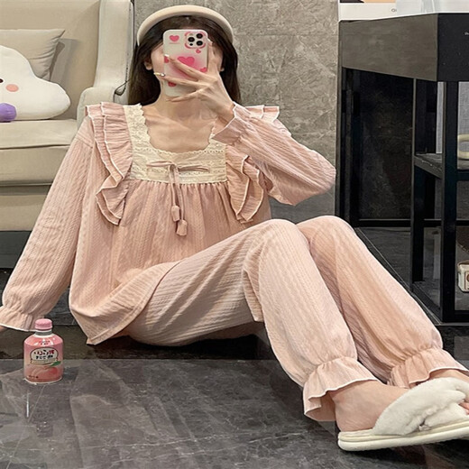 Huinubi Princess Style Langarm Pyjamas Frauen Frühling und Herbst reines Baumwoll 2023 Neuer rosa Spitze Herbst und Winter Home Clothing 9904# Pink (doppelte Länge) [S] 45 xl 120-140jin [Jin gleich 0,5 kg]