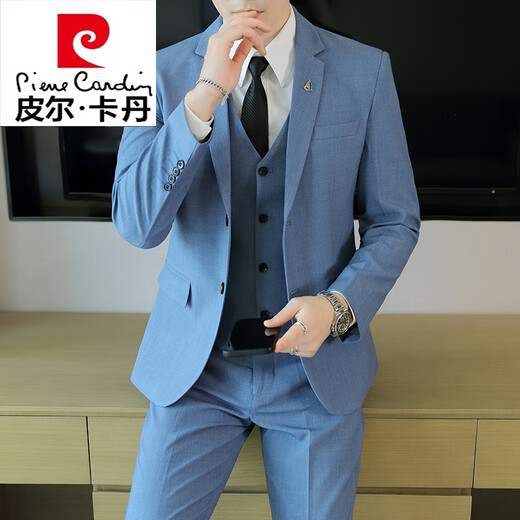 Pierre Cardin suit men's Korean style casual business formal jacket slim fit groomsmen wedding dress no-iron suit knitted apricot two-button suit + pants + vest + shirt S recommended 80-95Jin Jin equals 0.5 kg