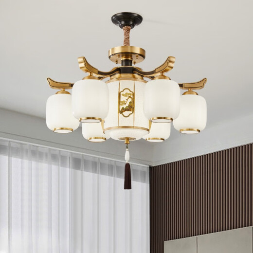 Mingjing Zhiyuan new Chinese style copper living room chandelier modern Chinese style light luxury villa hall double-layer dining room lamp (ceiling style - 6 heads) diameter 73CM copper + glass
