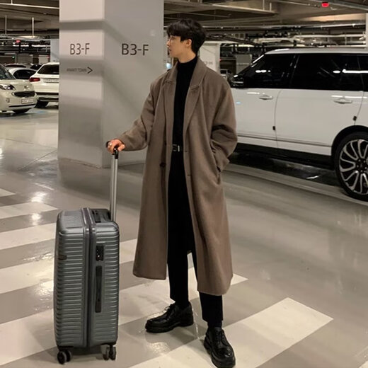 潮西登风衣男中长款春秋装新款双排扣长款过膝外套潮流宽松大码大衣男 黑色 L