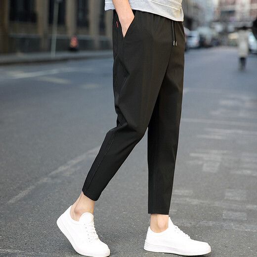 Dumeizi Pantalones casuales para hombres en verano Lace-up suelto delgado y versátil delgado y delgado Slim pies pequeños Harun nueve puntos Negro de moda