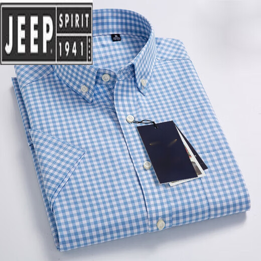 JEEP SPIRIT夏季仿纯.棉小格子衬衫男短袖薄款韩版修身潮流休闲仿棉半袖衬衣 绿色 PULO-F983 40
