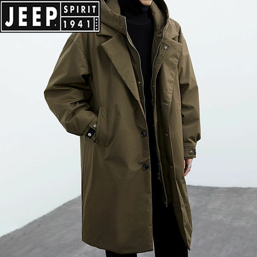 JEEP SPIRIT2025 Spring and Autumn New Men's Green Coat Men's Jacket Fake Two-Piece Hooded Mid-Length Windbreaker Parka Trend Army Green Spring and Autumn/Parker Windbreaker/Over the Knee 3XL Recommended 160-180Jin Jin is equal to 0.5 kg