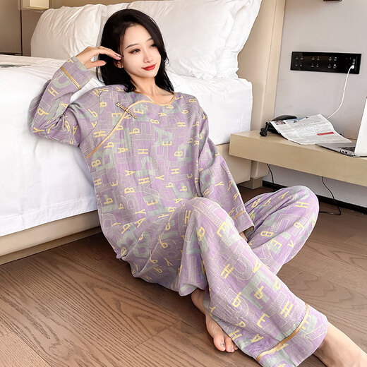 九红妃棉纱中式国风睡衣大码女胖mm夏季纯棉短袖九分裤套装家居服200斤 YZ16804 5XL （180-240斤）