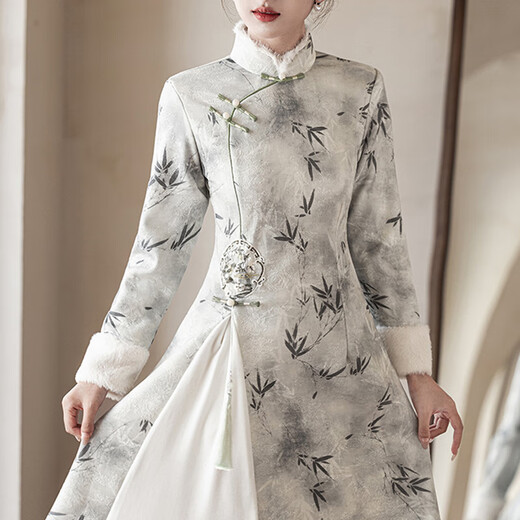 Du Yanzhi cheongsam new autumn and winter long-sleeved velvet thickened young style ink Chinese style improved dress flower shadow-silver white fur collar style L (165) 100-110Jin Jin equals 0.5 kg