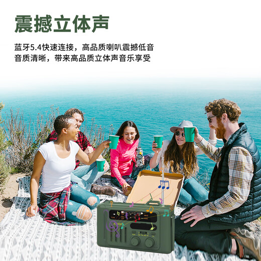 JANRYZONE Bluetooth multi-function radio hand crank power generation solar charging SOS lighting reading portable home disaster prevention military green