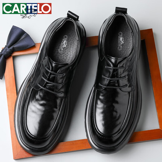CARTELO British Men's Leather Shoes Thick Sole Increased Business Casual Shoes Low-top Round Toe Breathable Cowhide Shoes Men's 9960 Black 38