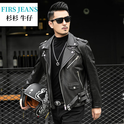 FIRS JEANS杉杉牛仔海宁真皮皮衣男绵羊皮机车外套青年短款西装领皮夹克单皮 黑色 3XL 185