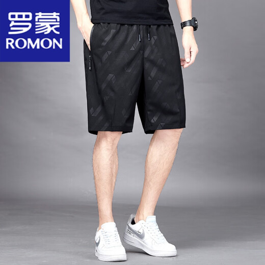 罗蒙（ROMON）五分裤男士夏季冰丝薄款速干透气休闲宽松加大码运动短裤沙滩裤子 7029黑色 2XL 140-155斤