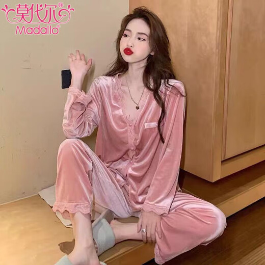 Modal Gold Velvet Pyjamas für Frauen im Frühling und Herbst sexy Spitze Langarm Hosen dünne Samt Winter Home Clothing Zwei -teilige Set -9923 Marineblau -L (100-115jin [Jin gleich 0,5 kg]))