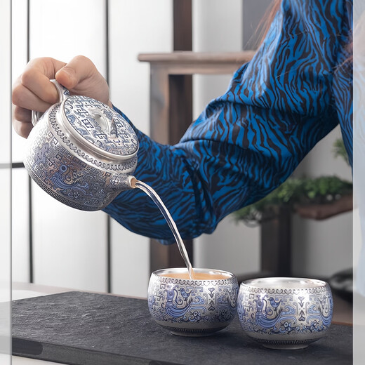 Silver pot 999 teapot set, gilt silver kung fu tea set, tea cup, home business, high-end gift set, gilt silver Houde carrying pot + 2 cups gift box, gift bag, 101mL (inclusive)-200mL (inclusive)