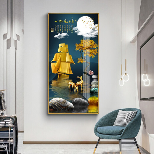 Xiao Lulin Light luxury entrance decoration painting New Chinese style entrance painting aisle corridor mural Nordic abstract elk hanging painting crystal porcelain painting 14087 smooth sailing Diamond inlay painting 100*200 cool black (customized size)