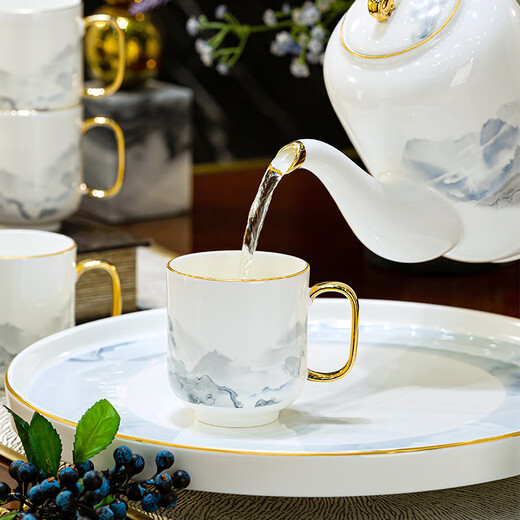 Han Ming new Chinese style tea set complete set for housewarming gift Jingdezhen water cup teapot living room household high-end ceramic cup set high-end bone china tea set 8-piece gift box