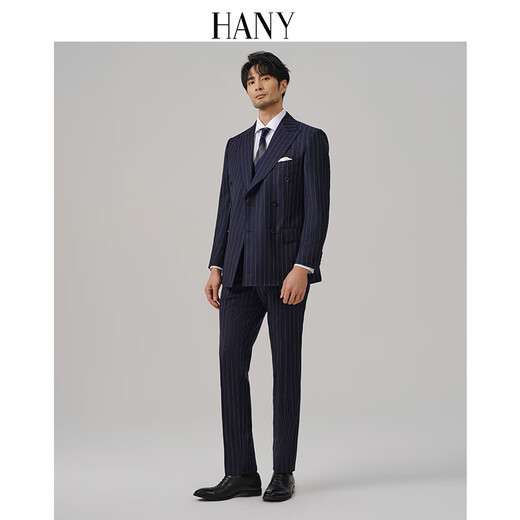 Hany (HANY) Italian Gobolo wool suit men's business banquet wedding double-breasted casual high-end suit Atum blue and white stripes Naples fit version 46 trousers please contact customer service to select the size