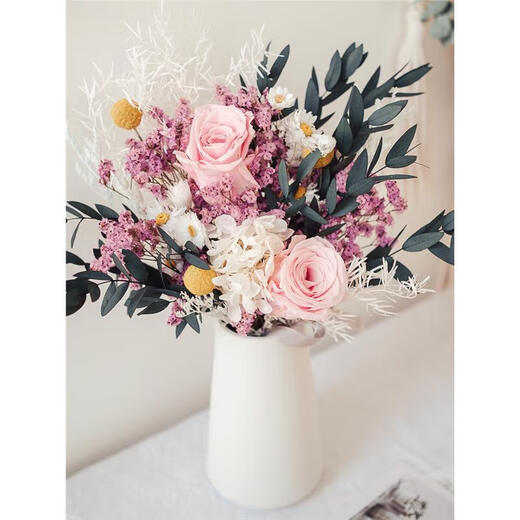 Everlasting rose eucalyptus dried flower bouquet internet celebrity ornaments real flower gypsophila hydrangea crystal grass home decoration pink rose crystal bouquet round white bottle dry branches
