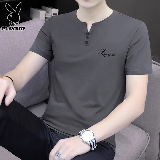 花花公子（PLAYBOY）短袖t恤男2025夏季新款潮流v领休闲宽松上衣薄款凉感男装 5024白色 M