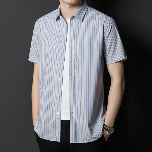 JASONWOOD high-end brand men's short-sleeved shirt men's summer thin stripes business casual loose men's shirt top light gray stripes L 175/50