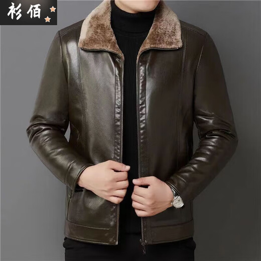 Chaoyunyue winter middle-aged men's velvet thickened leather jacket, dad's warm leather jacket, middle-aged and elderly winter clothes, grandpa's outfit, brown fur one piece 2XL 185/104A recommended 145-160Jin Jin equals 0.5 kg
