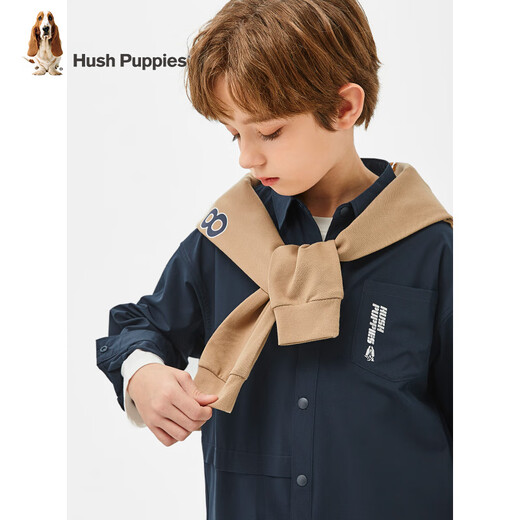 Hush Puppies children's clothing for children and boys spring and summer new moisture-absorbent and quick-drying long-sleeved shirts, thin, stretchy, fashionable and textured shirts, navy blue 155 cm (half a size too large)