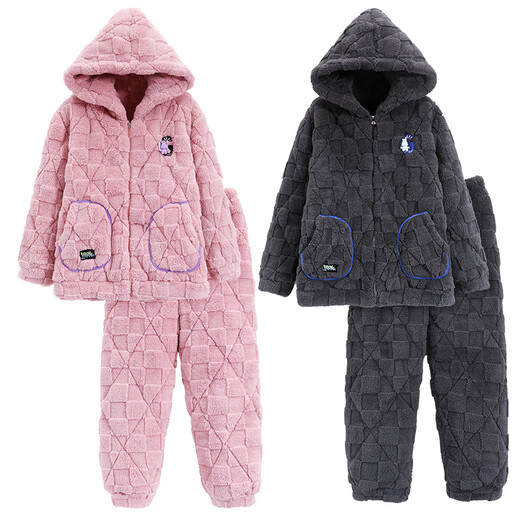 Modal thickened coral velvet couple pajamas for women, winter three-layer quilted men's flannel home clothes MZB439 hooded quilted women L