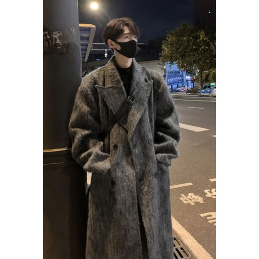 NEW OR MODE Heavy Korean style long woolen coat men's autumn and winter trendy brand loose coat vibe high street casual couple windbreaker dark gray XL