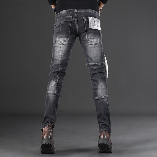 
Autumn and winter new black and gray personality irregular splicing motorcycle jeans men's slim feet fashionable casual trousers LS-9435 black size 28 sizes waist circumference 2 feet 1 90-110Jin [Jin equals 0.5 kg]