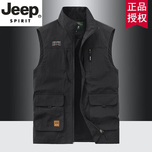 JEEP SPIRIT吉普轻奢马甲男士宽松背心春秋休闲工装多袋钓鱼马夹爸爸装外套 深蓝色【双面穿】 （加-绒-款） XXS 2XL 建议145-160斤